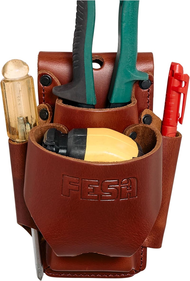 fesa Small Leather Tool Pouch - 4-in-1 Heavy Top Grain Leather Small Tool Pouch with a Tape Measure Holder, 3 Pockets & Reinforced Heavy Duty Rivets - Fits Belts up to 3" - Handcrafted - Image 1